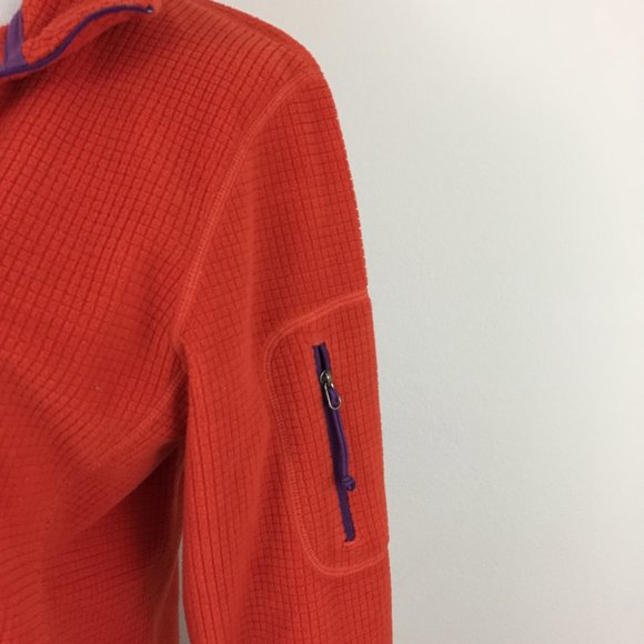 ORVIS Trout Bum Red/Orange'ish Zip Pocket Sleeve Purple Trim Fleece Jacket - Picture 6 of 8